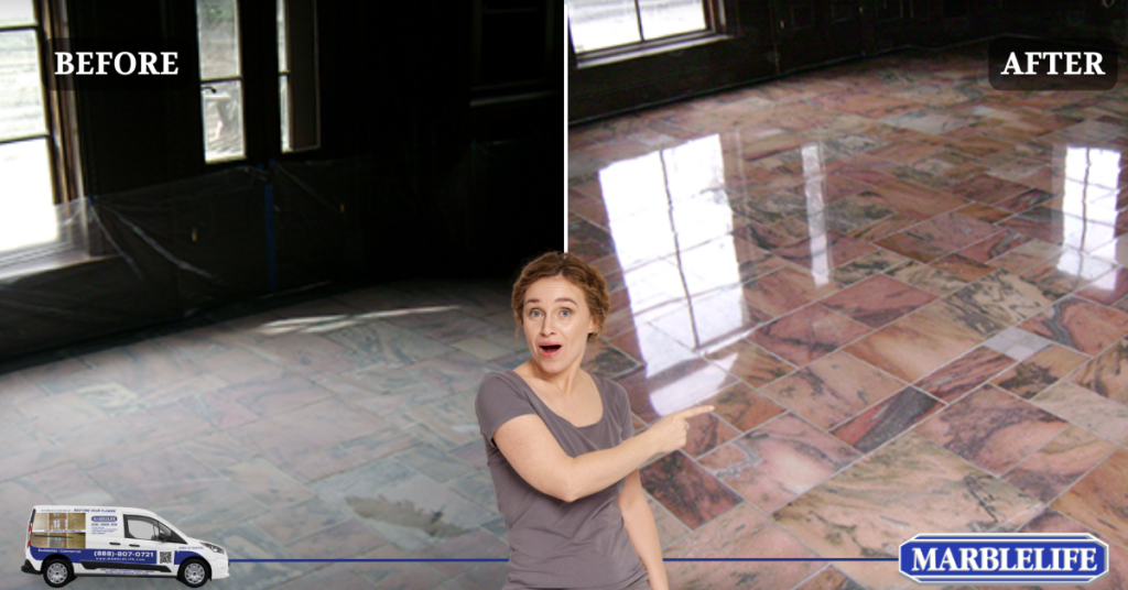 This image shows the before and after of a floor restored by MARBLELIFE professionals.