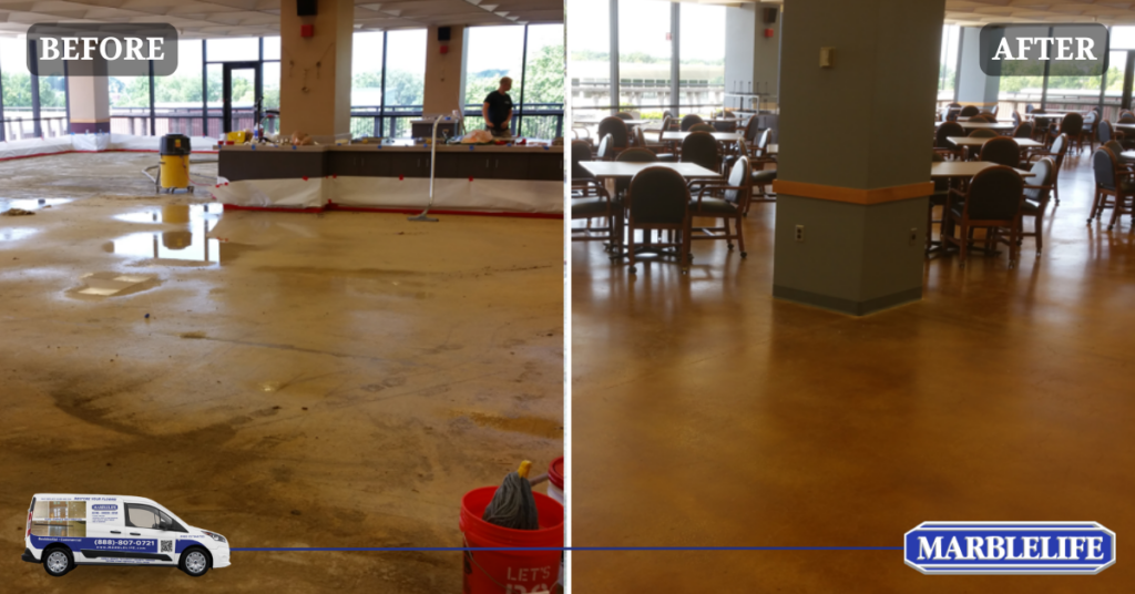 Before & After Image of a Commercial Concrete Space Transformed by MARBLELIFE Experts.