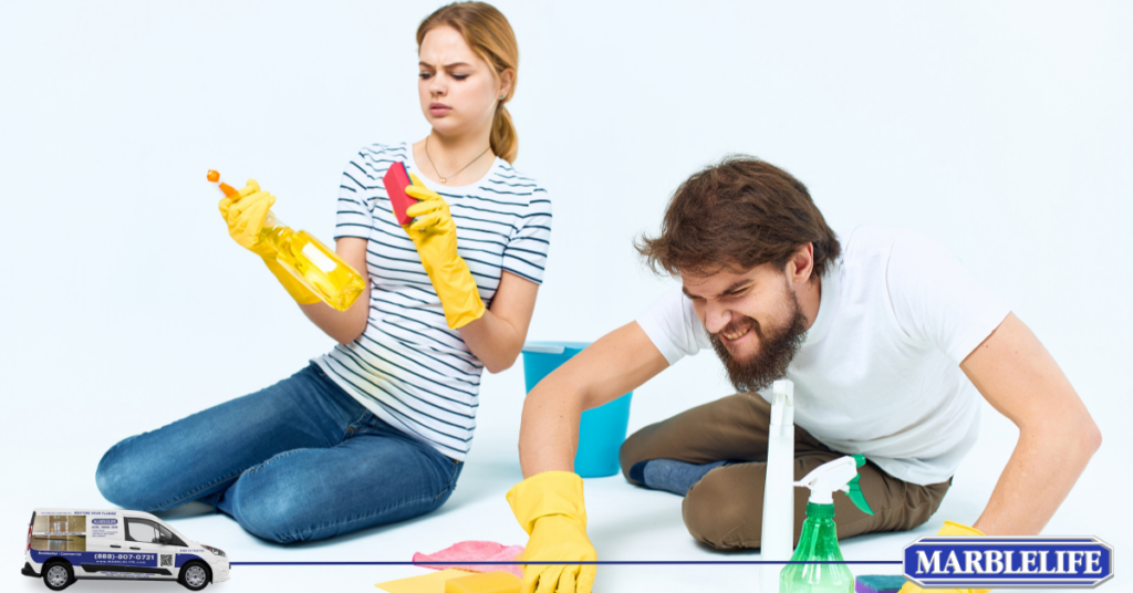 Picture showing couple frustrated with the cleaning process and no result.